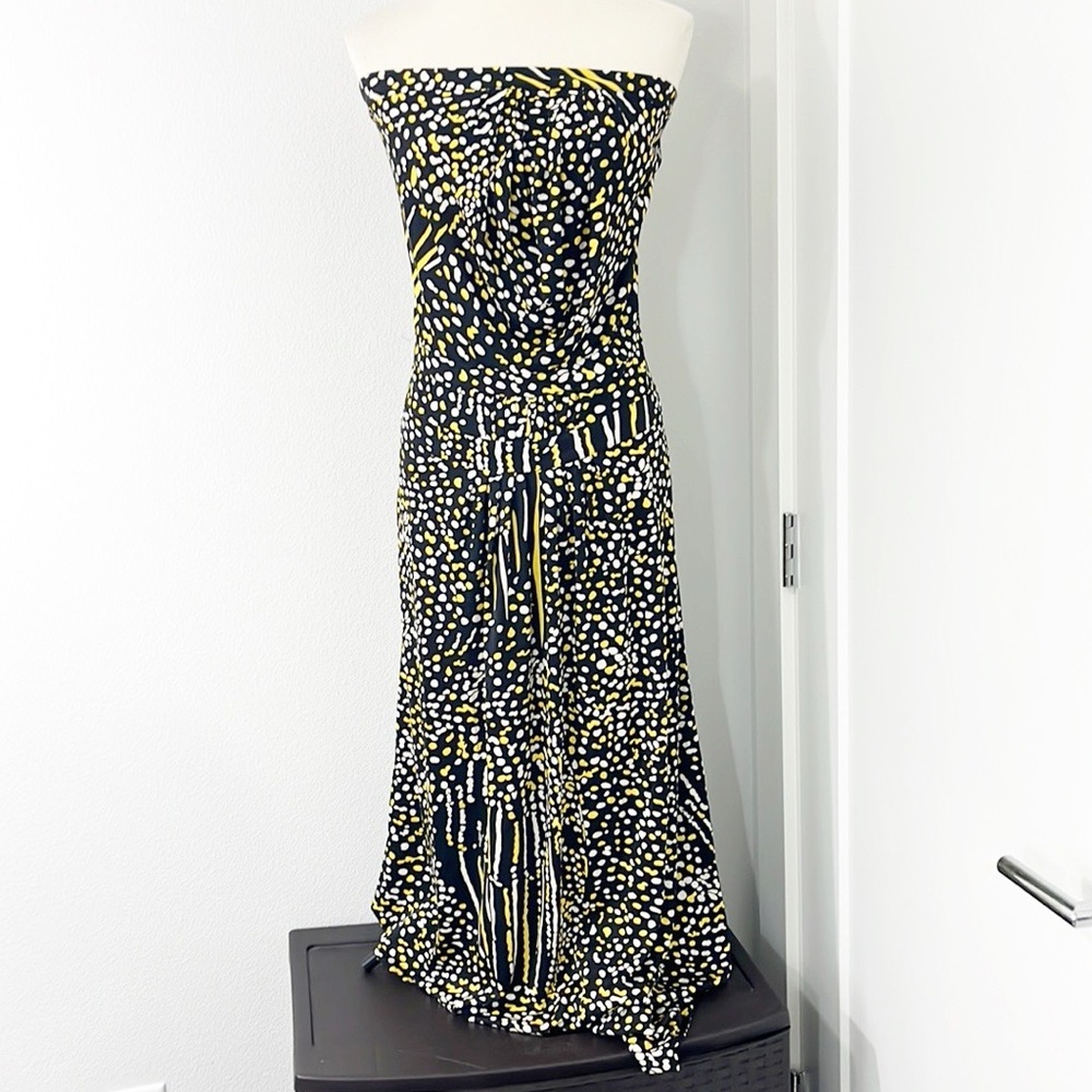 Francesca's Issa Size 4 Black, Yellow Dotted Silk Strapless Open Back Maxi Dress
